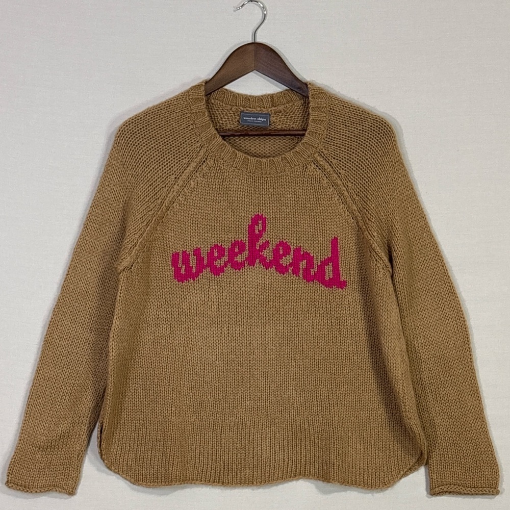 Wooden Ships Tan Sweater with Pink 'Weekend' Design